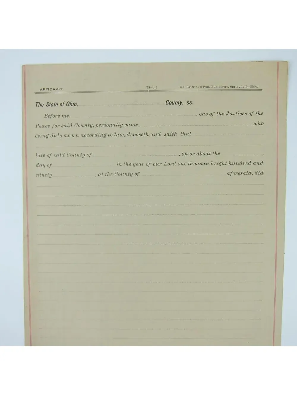 1890s Ohio Affidavit For State Warrant Record Form Blank Justice Antique RARE